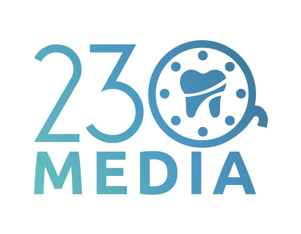 230 Media logo featuring a stylized tooth and heart design, representing digital content services for dental practices.