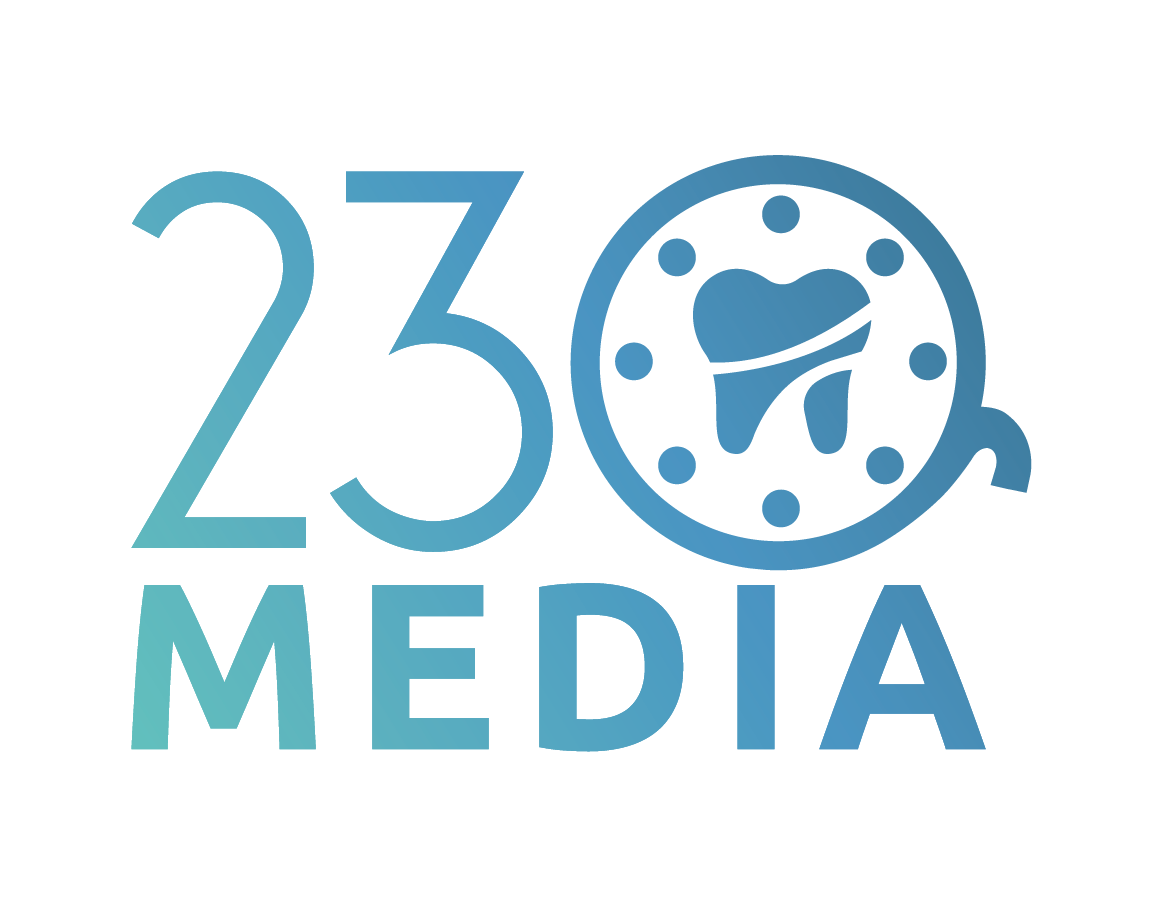 230 Media logo featuring a stylized tooth icon and clock design, representing digital content services for dental practices.