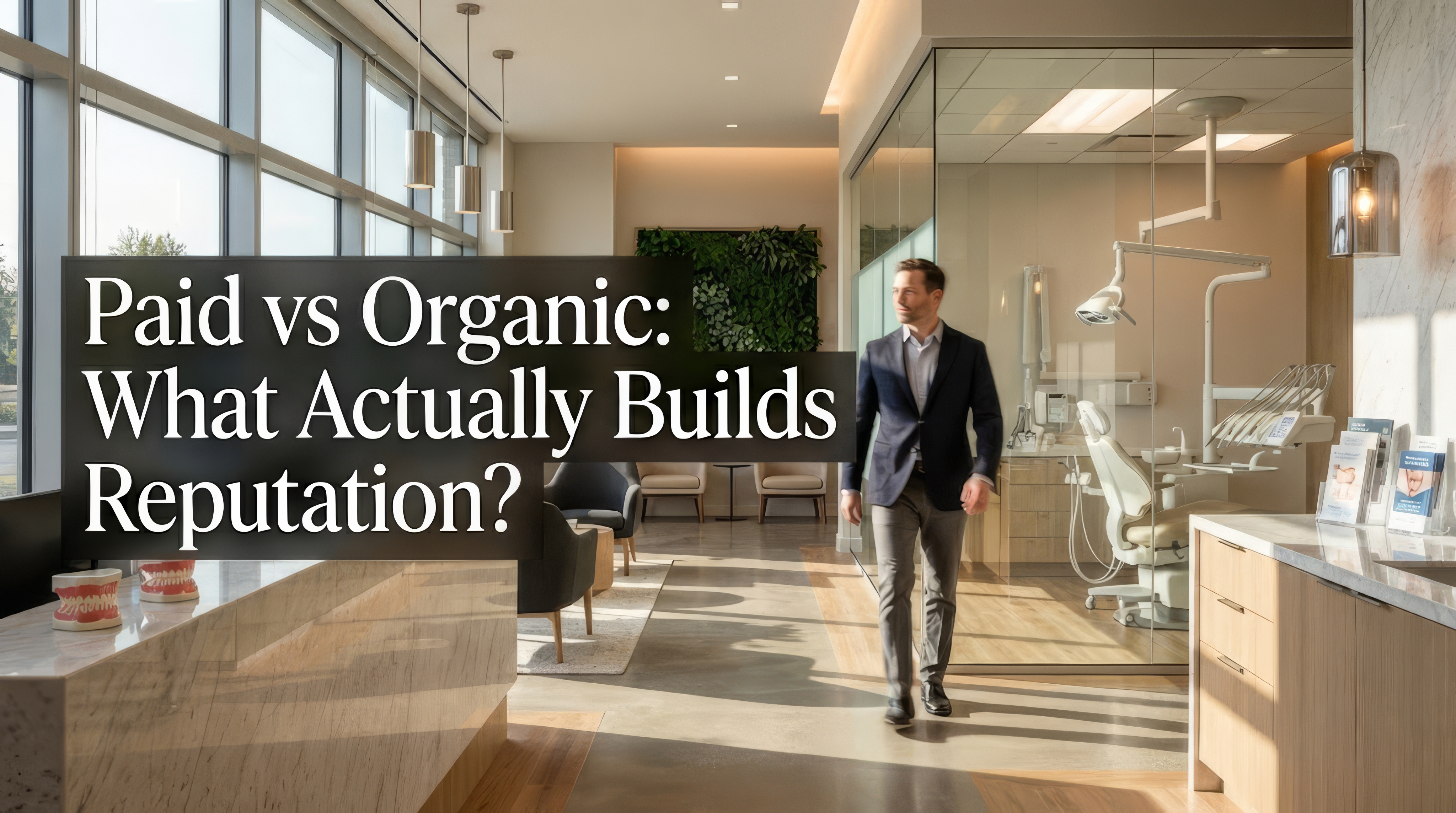 Modern dental clinic with dentist in motion representing dental video marketing and paid vs organic strategy for practice growth