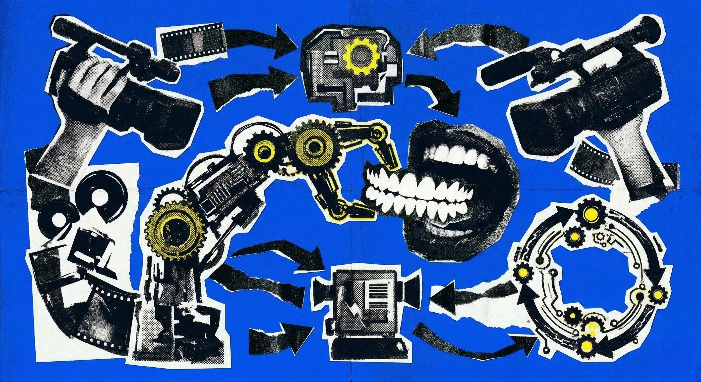 Collage-style illustration showing cameras, robotic arms, gears, and a set of teeth connected by arrows, representing an automated content production cycle.