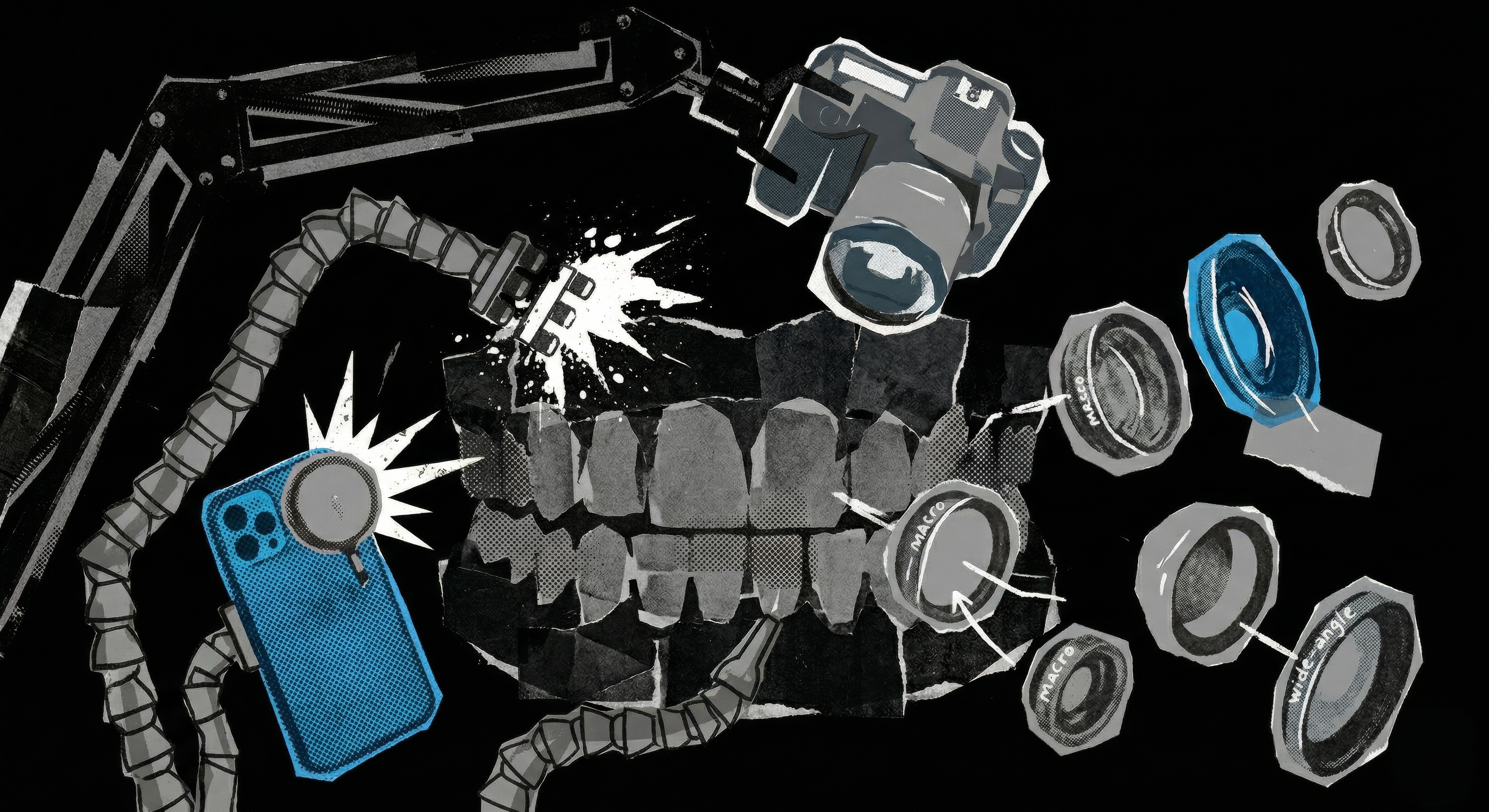 Illustrated collage showing dental photography and video equipment including a pole-mounted camera arm, DSLR, iPhone with LED light, and macro and wide-angle lenses arranged around a set of teeth