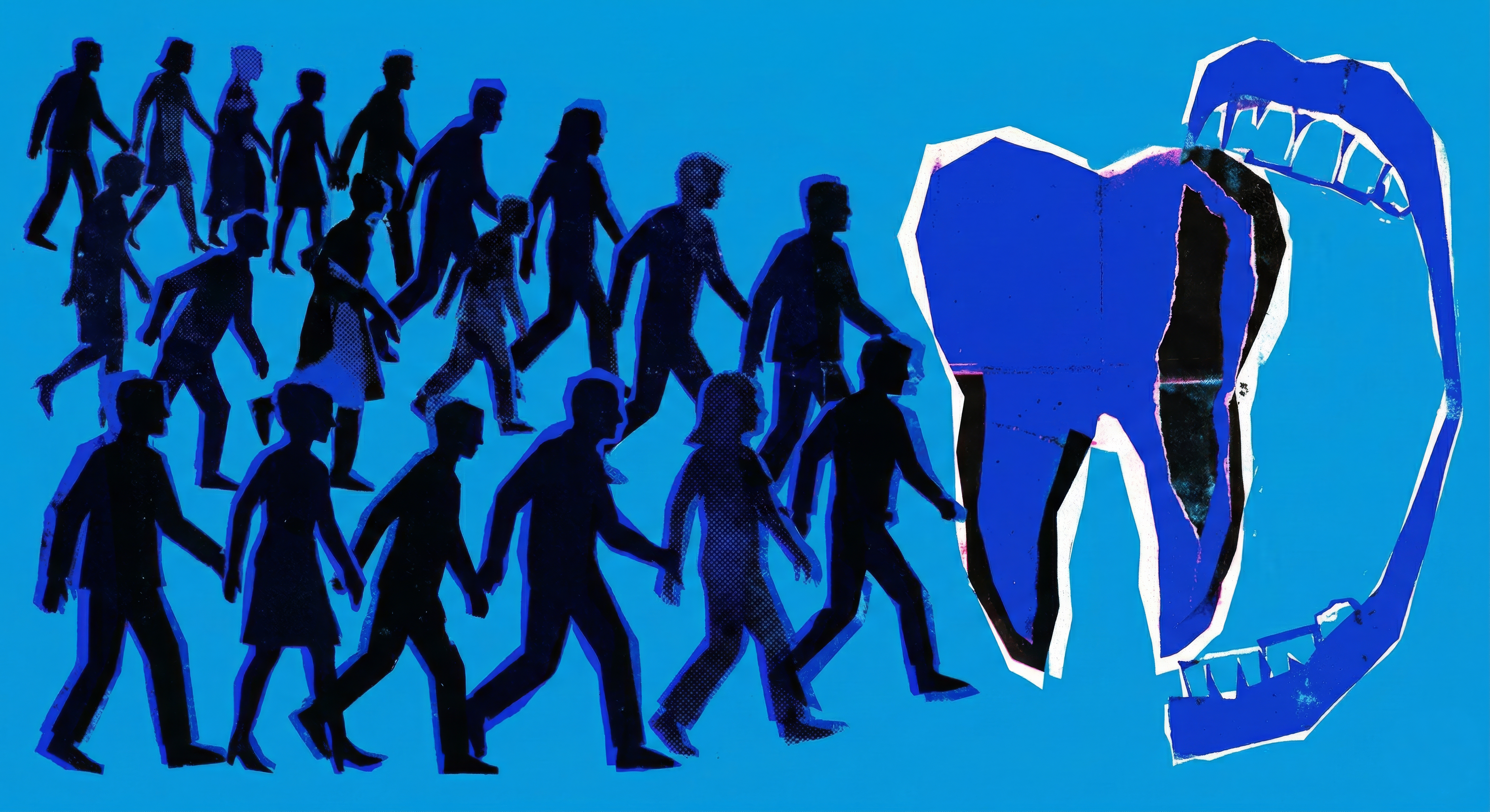 Illustration of a crowd of people walking toward a large tooth symbolising a surge of patients seeking dental treatment.