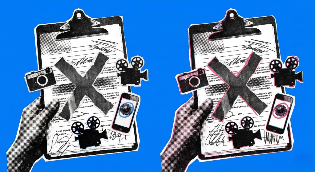 A punk zine-style risograph collage poster showing a hand holding a clipboard form, with a large black torn-paper 'X' over it, surrounded by camera and video icons (film reels, digital cameras, and a smartphone), illustrating the potential invalidation or insufficiency of standard dental consent forms when it comes to visual media like patient photos and videos.
