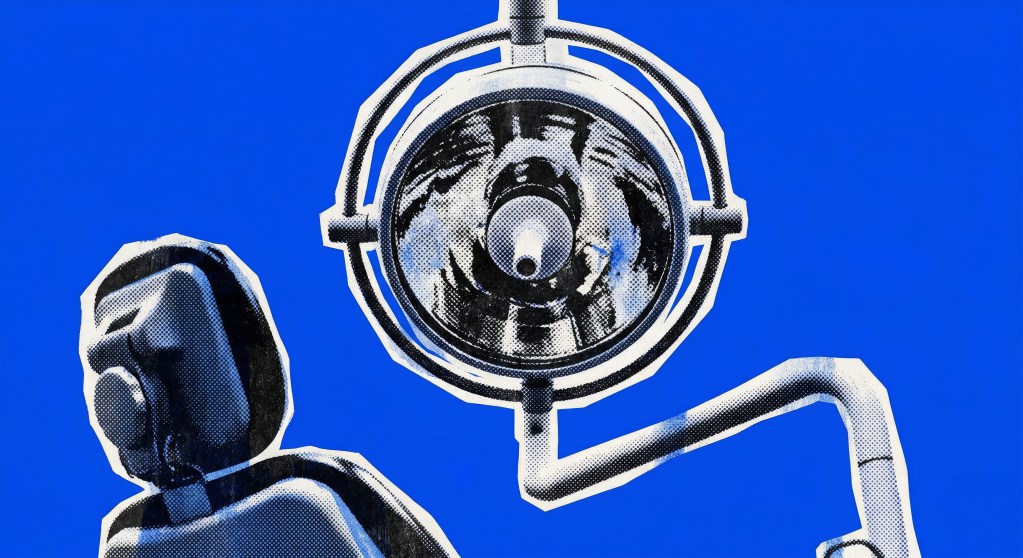 Risograph-style illustration of a dental surgery light viewed from the patient's perspective, with a reclining chair visible in the foreground, printed in bold blue and black halftone tones.