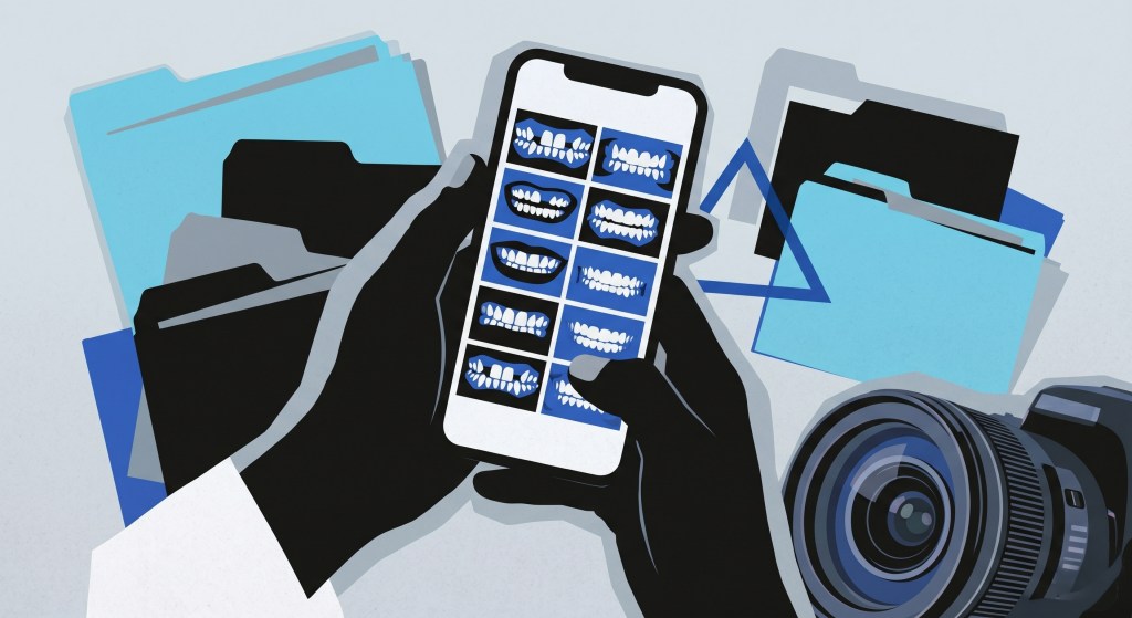 An editorial Risograph-style illustration in blue, black, and grey showing a pair of silhouetted hands holding a smartphone. The phone screen displays a grid of dental before-and-after photos. Scattered in the background are overlapping file folders, a floating blue triangle, and a camera lens in the bottom right corner.