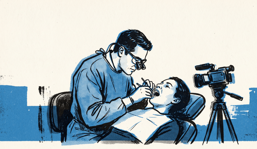 Risograph illustration of a dentist filming a dental procedure in a Sydney clinic, illustrating AHPRA-compliant video marketing.