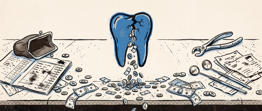 Risograph illustration of a cracked tooth dripping coins, symbolising money leaking from a dental practice.